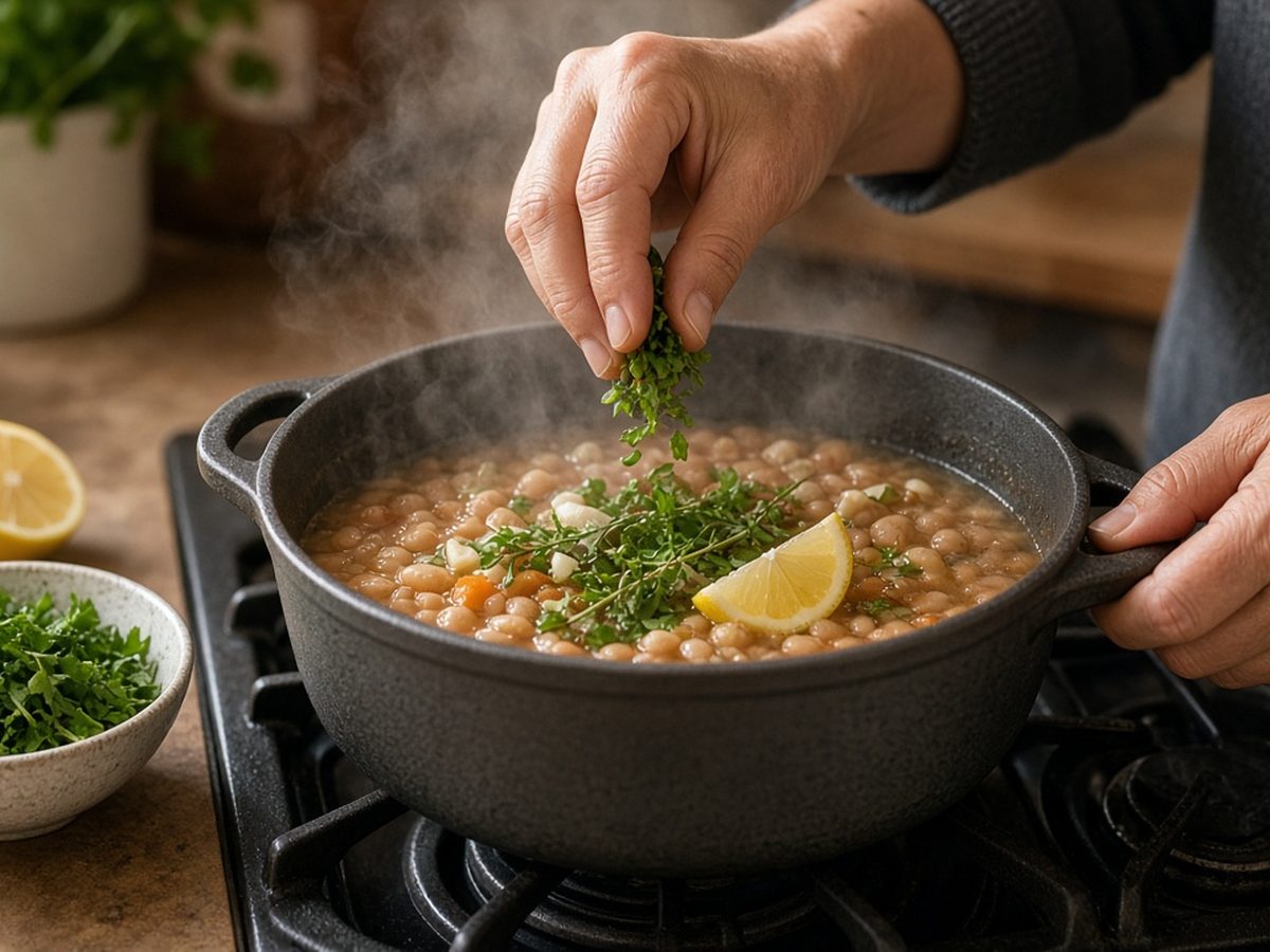 Mãos temperando uma panela de feijão com ervas frescas, alho e limão no fogão