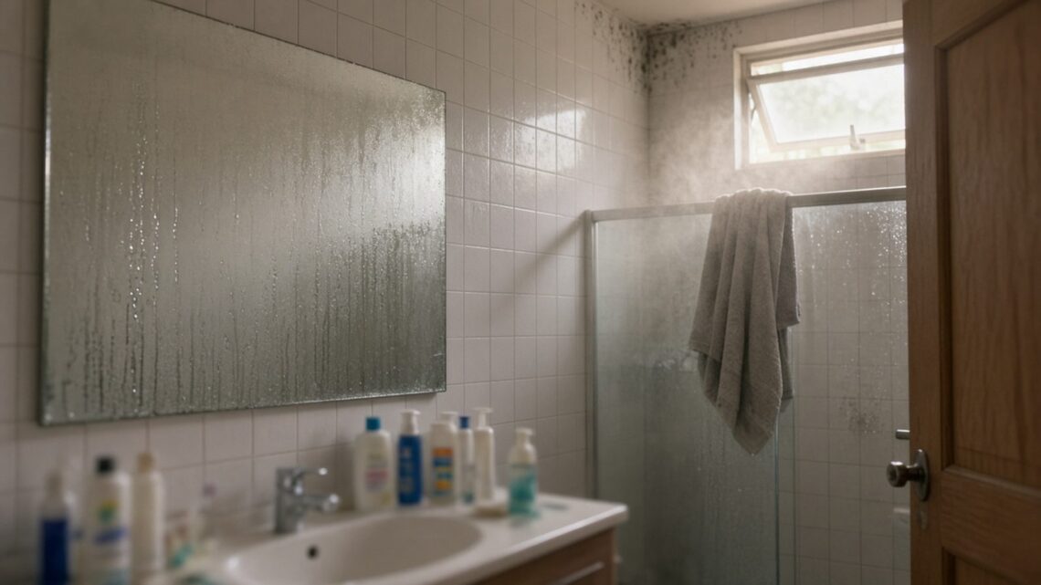 Banheiro com espelho embaçado depois do banho, mofo no canto do teto, porta entreaberta e janela aberta