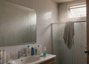 Banheiro com espelho embaçado depois do banho, mofo no canto do teto, porta entreaberta e janela aberta