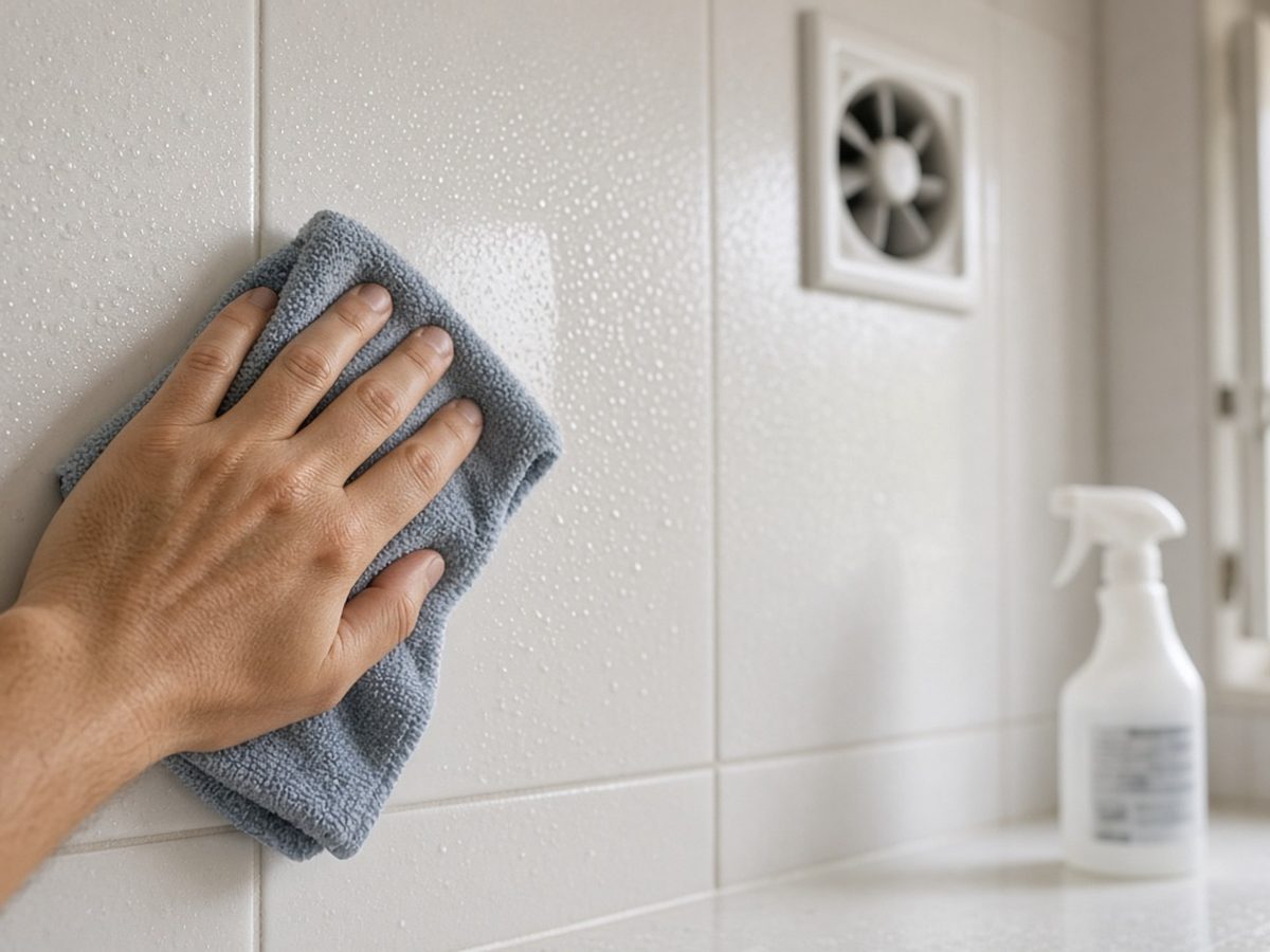 Mão secando o azulejo do banheiro com um pano, com exaustor na parede e janela aberta