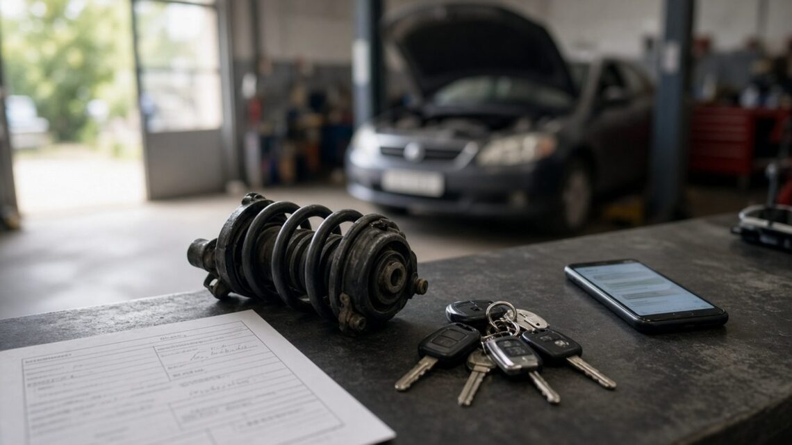 Balcão de oficina com ordem de serviço, peça de suspensão usada, chaves e celular, e um carro de capô aberto