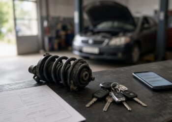 Balcão de oficina com ordem de serviço, peça de suspensão usada, chaves e celular, e um carro de capô aberto