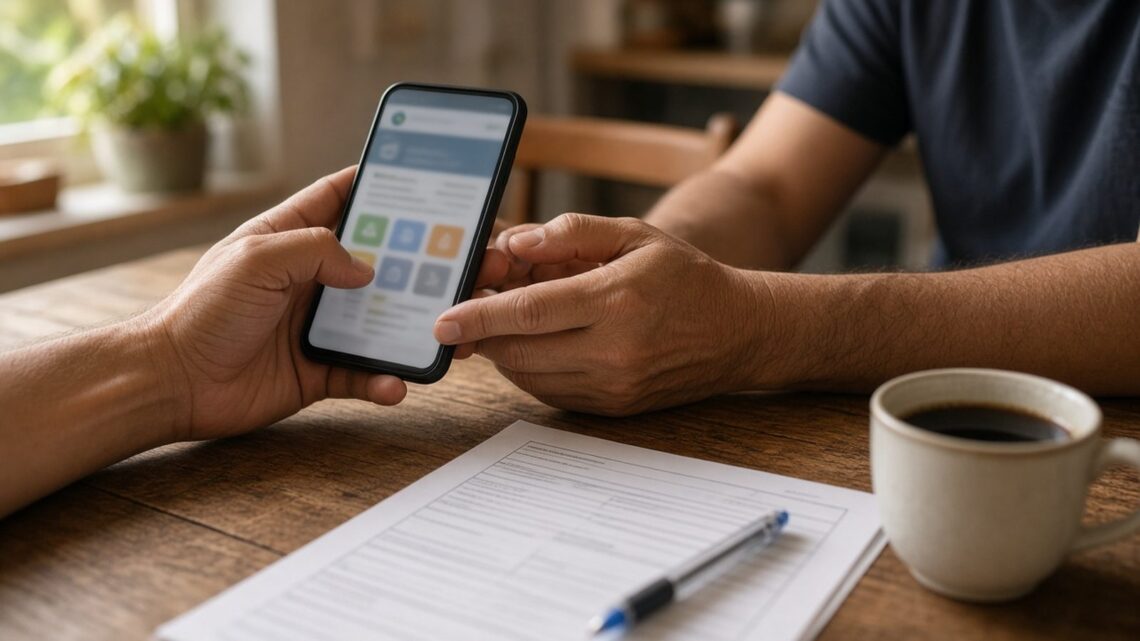 Mãos de um homem segurando o celular na mesa da cozinha, ao lado de um formulário, calculadora e café