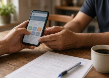 Mãos de um homem segurando o celular na mesa da cozinha, ao lado de um formulário, calculadora e café