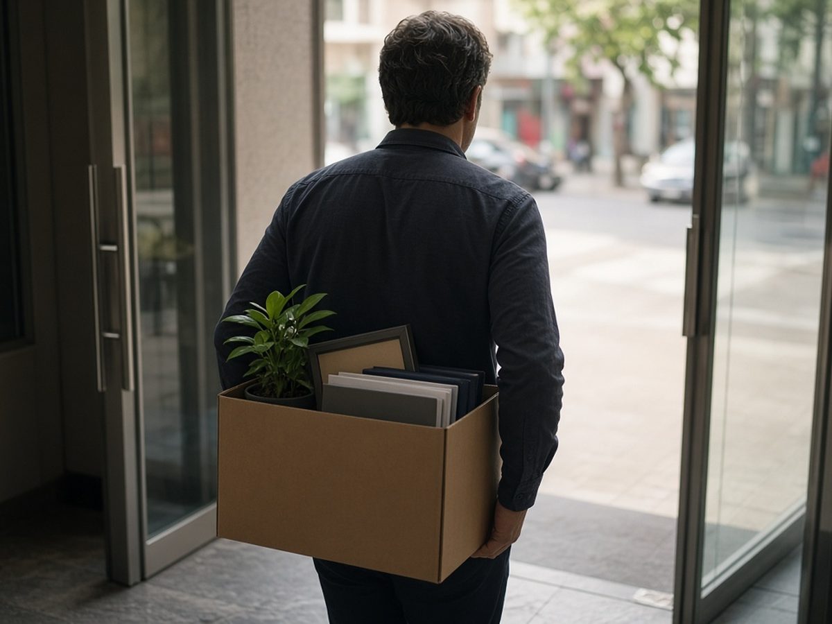 Homem de costas saindo de um prédio comercial carregando uma caixa com pertences do escritório