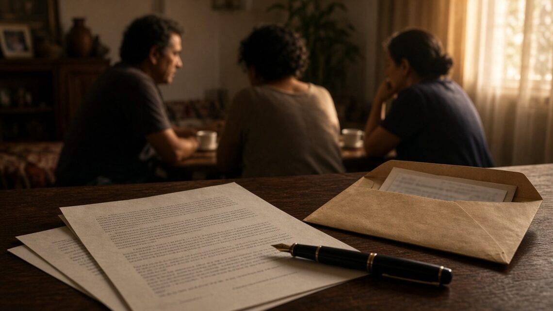 Papéis de um testamento sobre a mesa da sala, com caneta e envelope, e familiares desfocados ao fundo