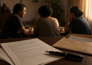 Papéis de um testamento sobre a mesa da sala, com caneta e envelope, e familiares desfocados ao fundo