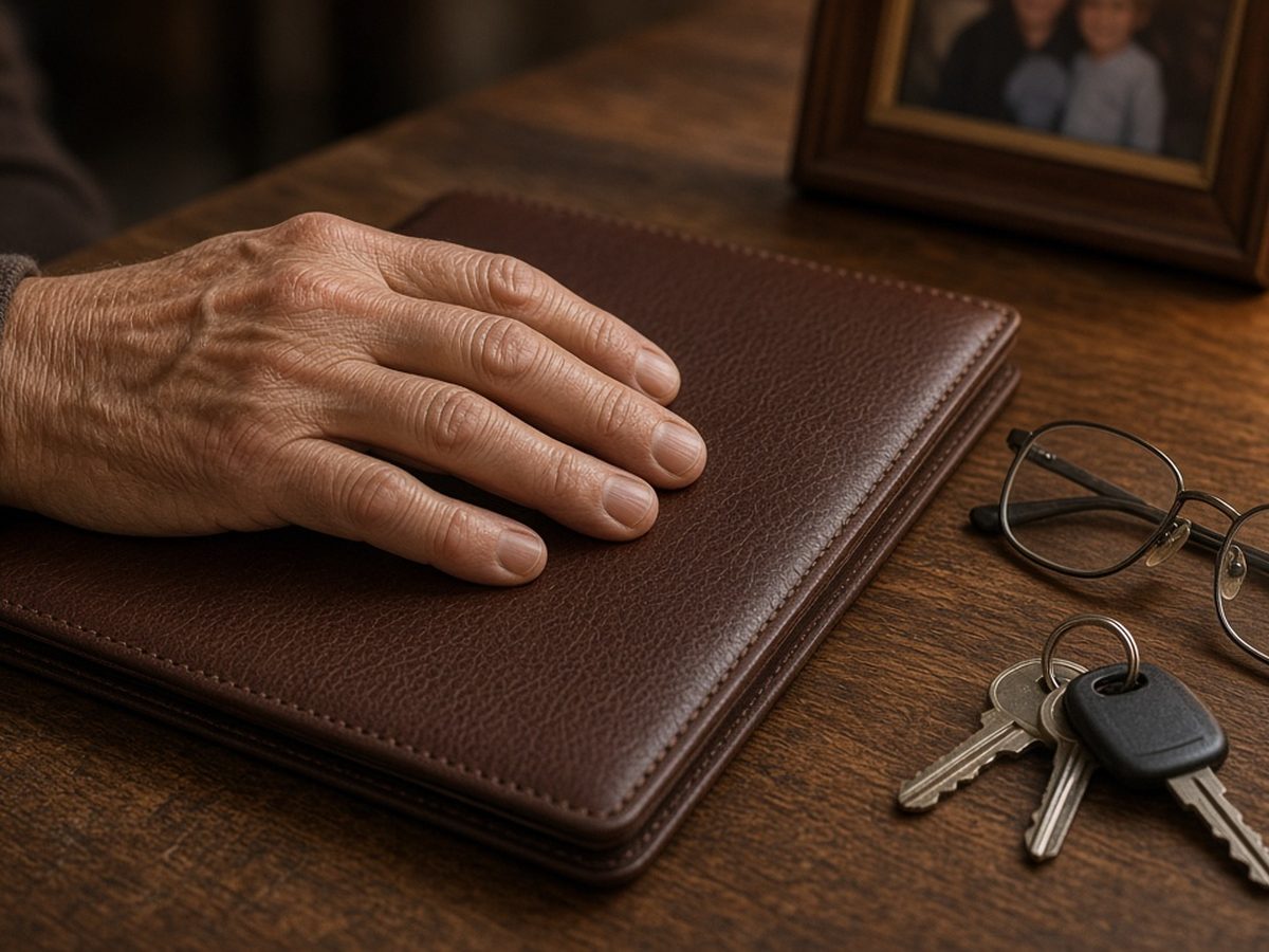 Mão de um homem mais velho sobre uma pasta de couro fechada, com óculos de leitura e chaves ao lado