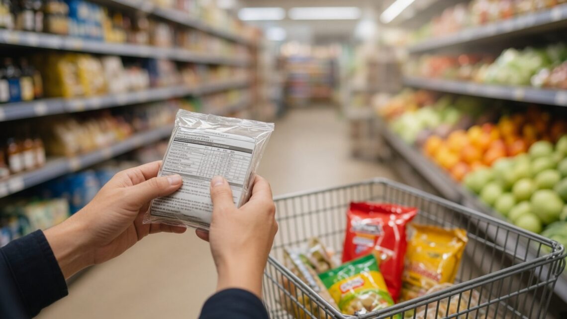 Mãos virando uma embalagem de biscoito no supermercado para ler a lista de ingredientes no verso