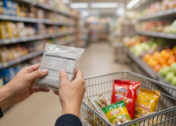 Mãos virando uma embalagem de biscoito no supermercado para ler a lista de ingredientes no verso