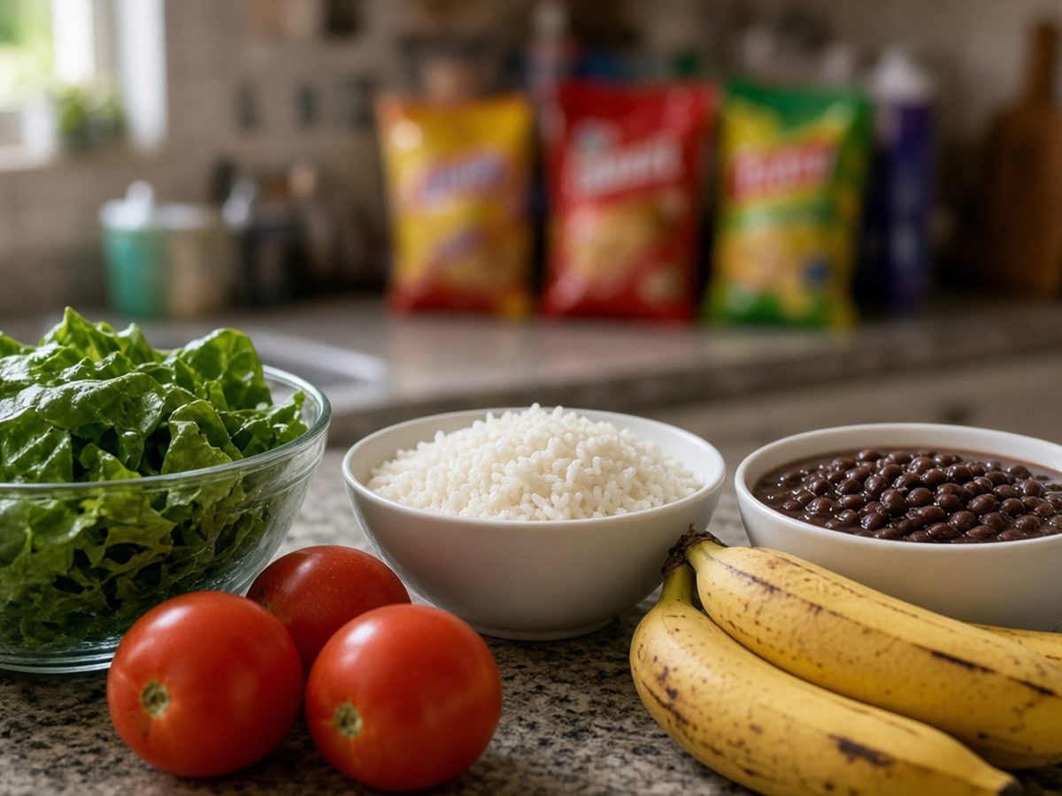 Bancada de cozinha com arroz, feijão, frutas e verduras de um lado e salgadinhos embalados do outro