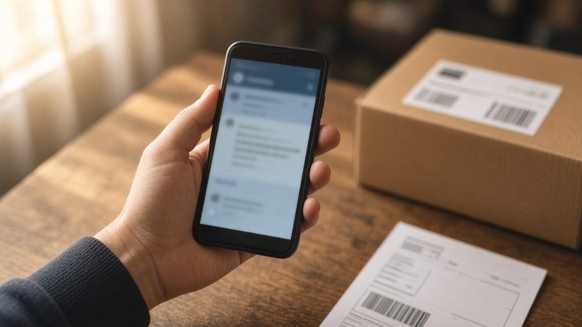 Mão segurando o celular com uma notificação ao lado de uma caixa de encomenda e de um boleto impresso