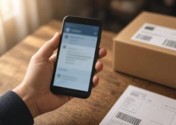 Mão segurando o celular com uma notificação ao lado de uma caixa de encomenda e de um boleto impresso