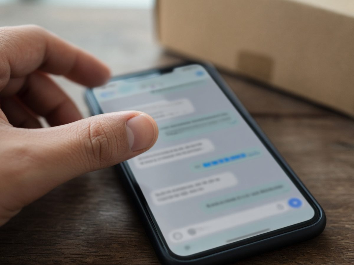 Polegar hesitando sobre a tela do celular com uma mensagem, e uma caixa de encomenda desfocada ao fundo