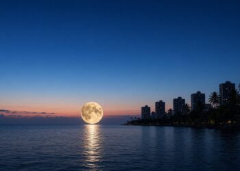 Lua cheia grande e alaranjada nascendo sobre o mar de uma praia, com coqueiros e prédios em silhueta