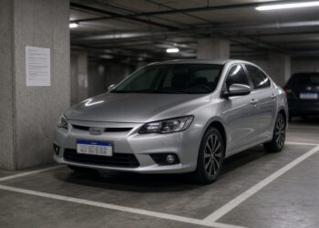 Sedã prata estacionado em vaga demarcada de garagem de prédio, com aviso impresso preso no pilar