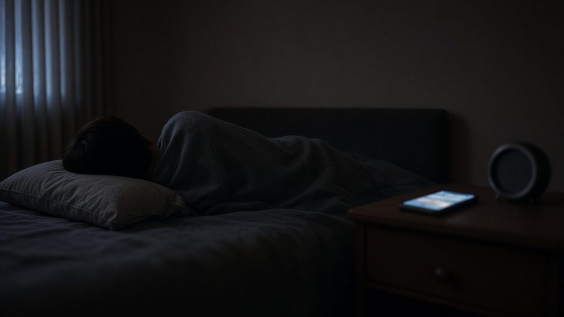 Pessoa deitada de costas na cama de madrugada, com o celular aceso e um despertador na mesa de cabeceira