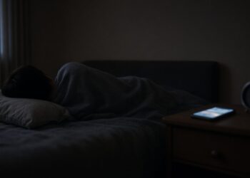 Pessoa deitada de costas na cama de madrugada, com o celular aceso e um despertador na mesa de cabeceira