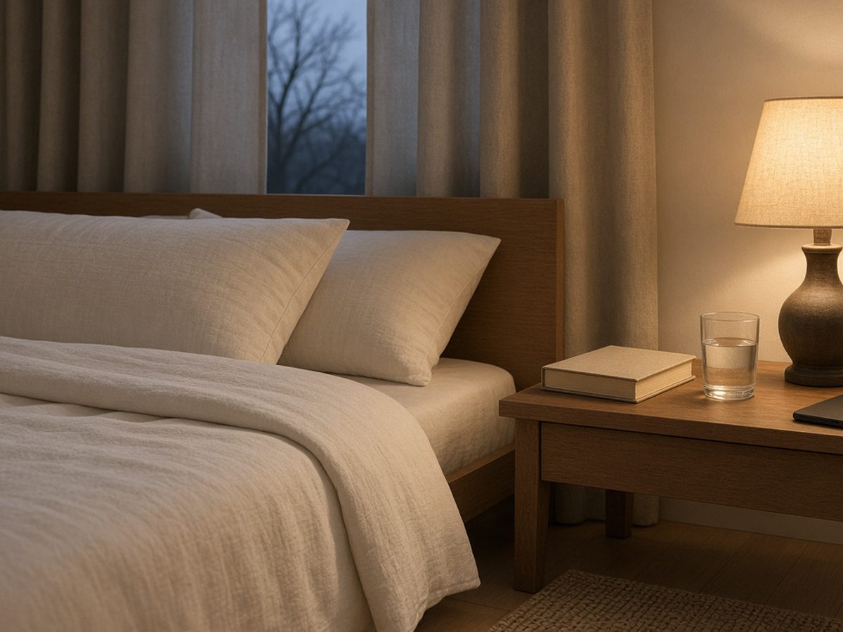 Quarto arrumado para dormir, com abajur aceso, livro fechado e copo de água na mesa de cabeceira