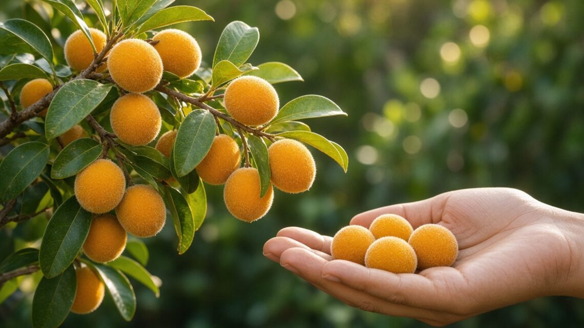 Galho carregado de cabeludinhas amarelas e peludas, com algumas frutas na palma de uma mão