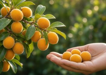 Galho carregado de cabeludinhas amarelas e peludas, com algumas frutas na palma de uma mão