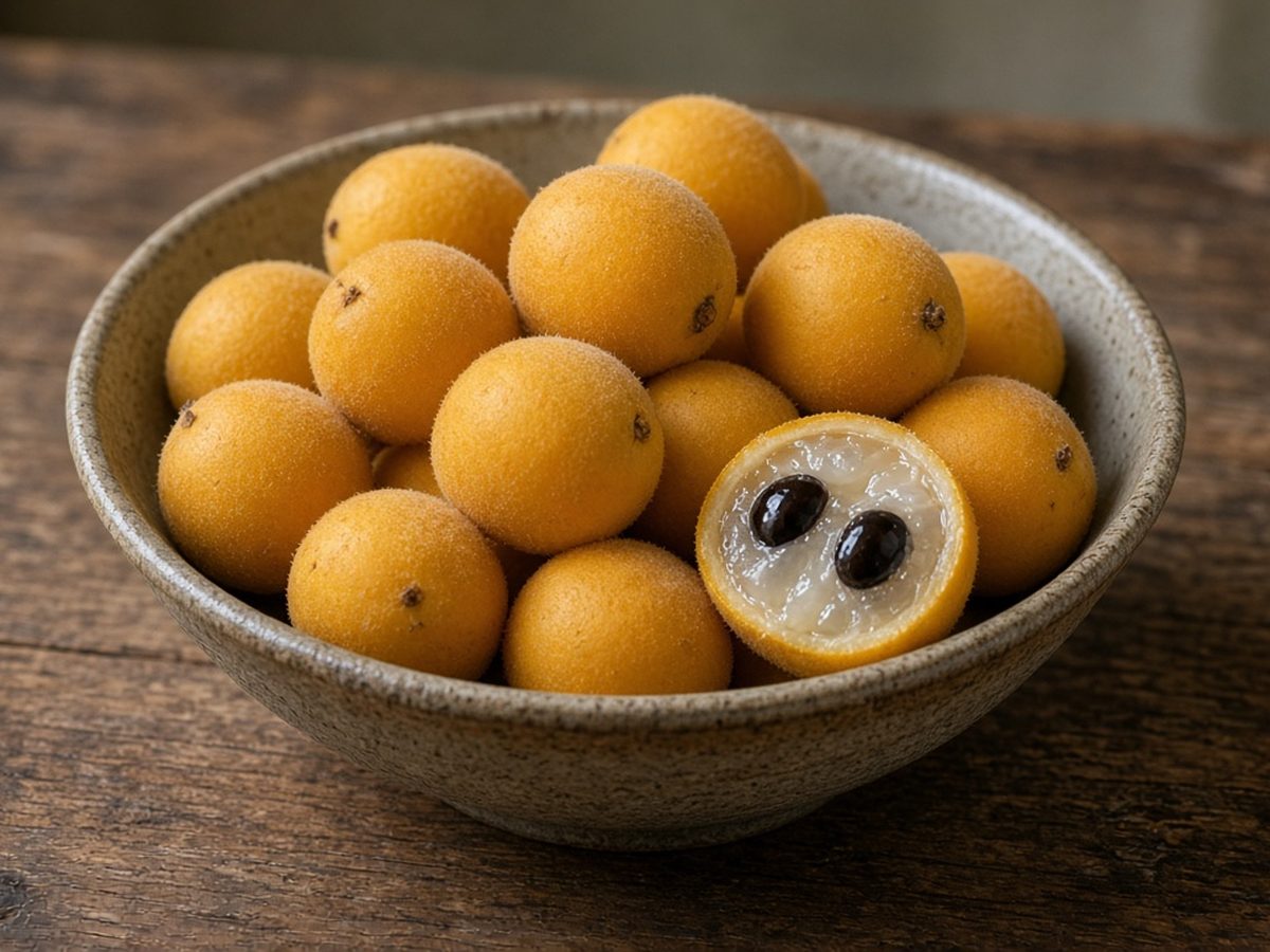 Tigela com cabeludinhas colhidas e uma fruta cortada ao meio mostrando a polpa sobre mesa de madeira