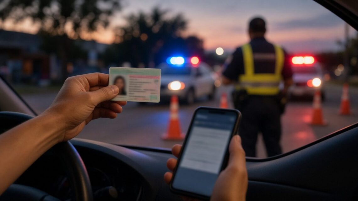 Mão de motorista segurando a carteira de habilitação numa blitz, com cones e luzes ao fundo