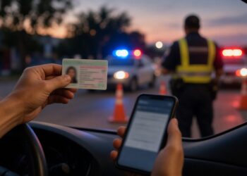 Mão de motorista segurando a carteira de habilitação numa blitz, com cones e luzes ao fundo