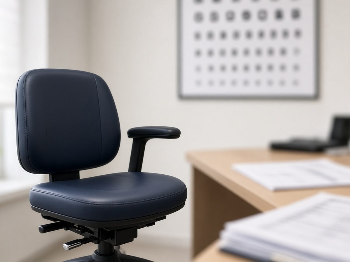 Consultório de exame médico para motoristas, com quadro de visão na parede e cadeira vazia