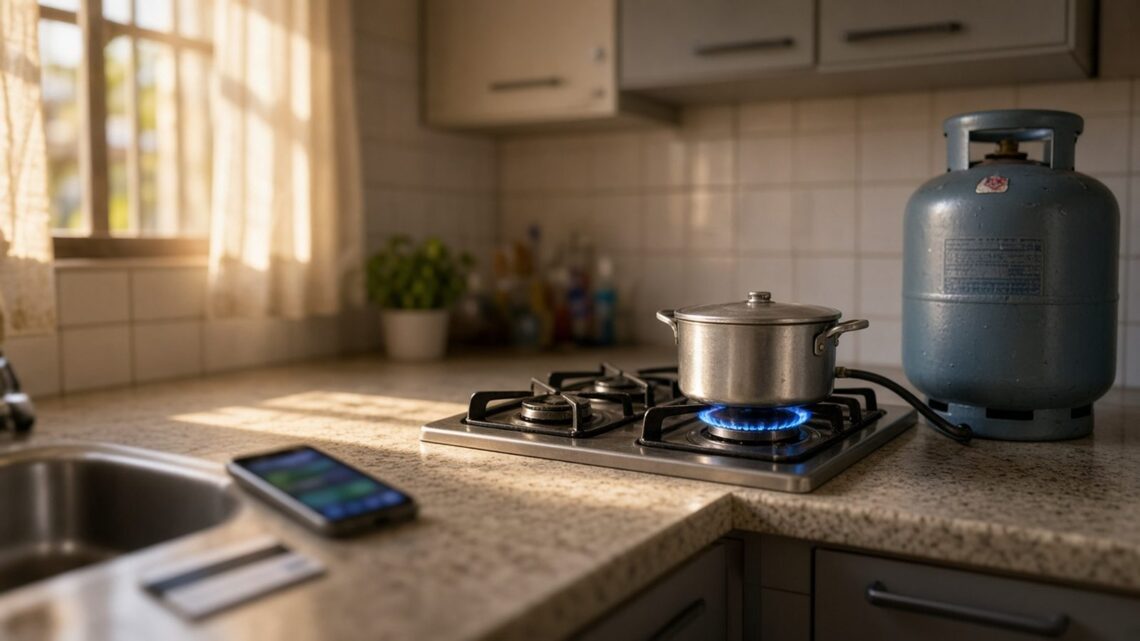 Botijão de gás ao lado do fogão com chama acesa numa cozinha simples, com cartão e celular na pia