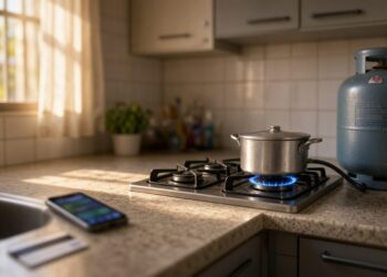 Botijão de gás ao lado do fogão com chama acesa numa cozinha simples, com cartão e celular na pia