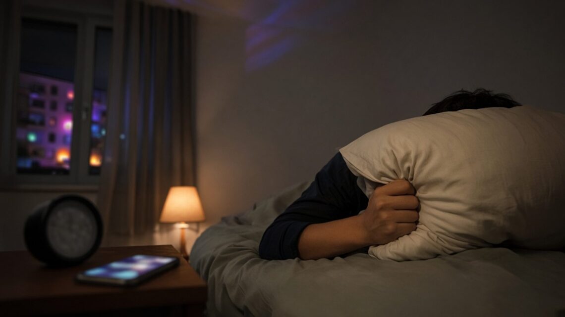 Mão pressionando o travesseiro contra a orelha na cama à noite, com luz colorida vinda do vizinho
