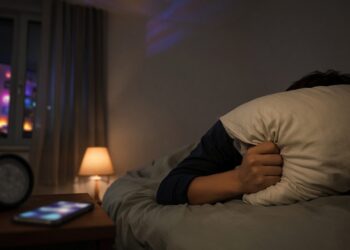 Mão pressionando o travesseiro contra a orelha na cama à noite, com luz colorida vinda do vizinho