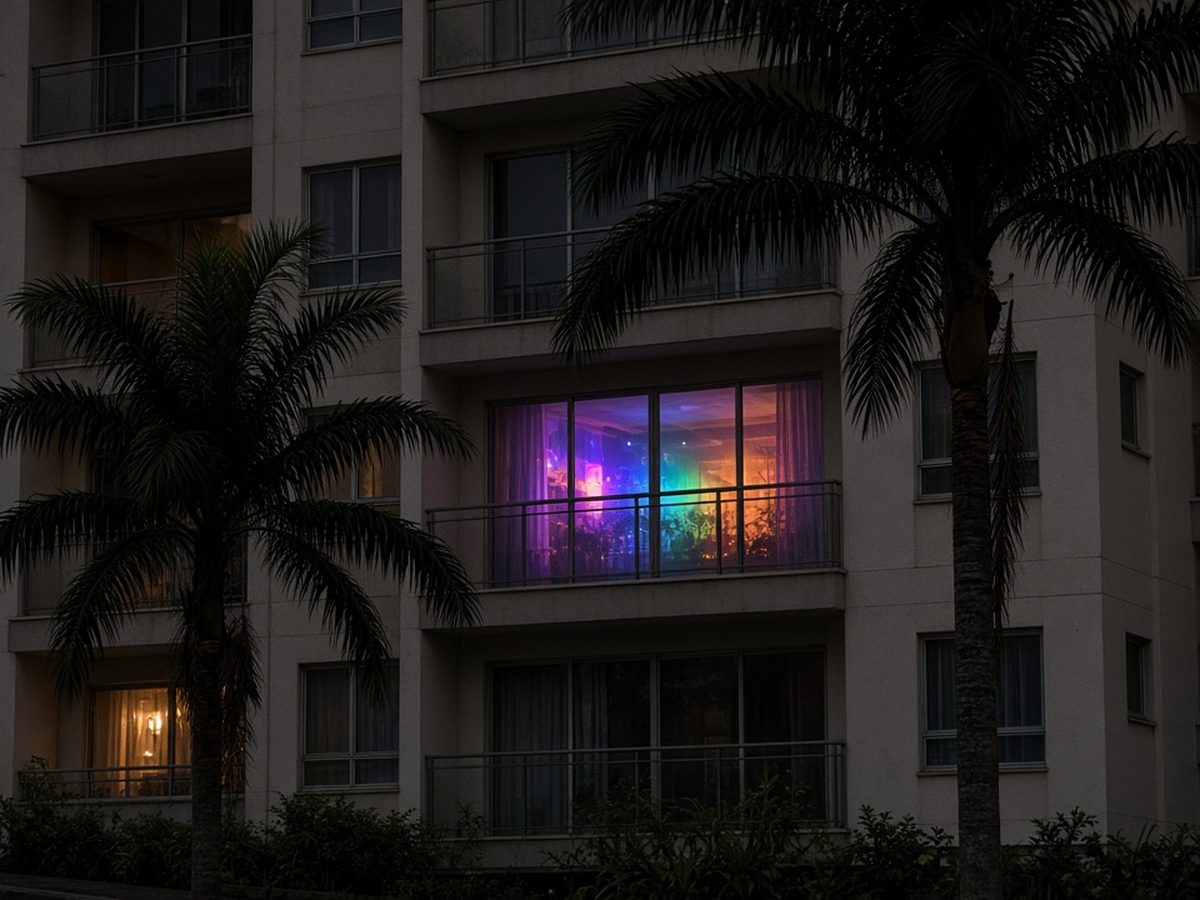 Fachada de prédio à noite com uma janela iluminada por luzes de festa entre as janelas escuras