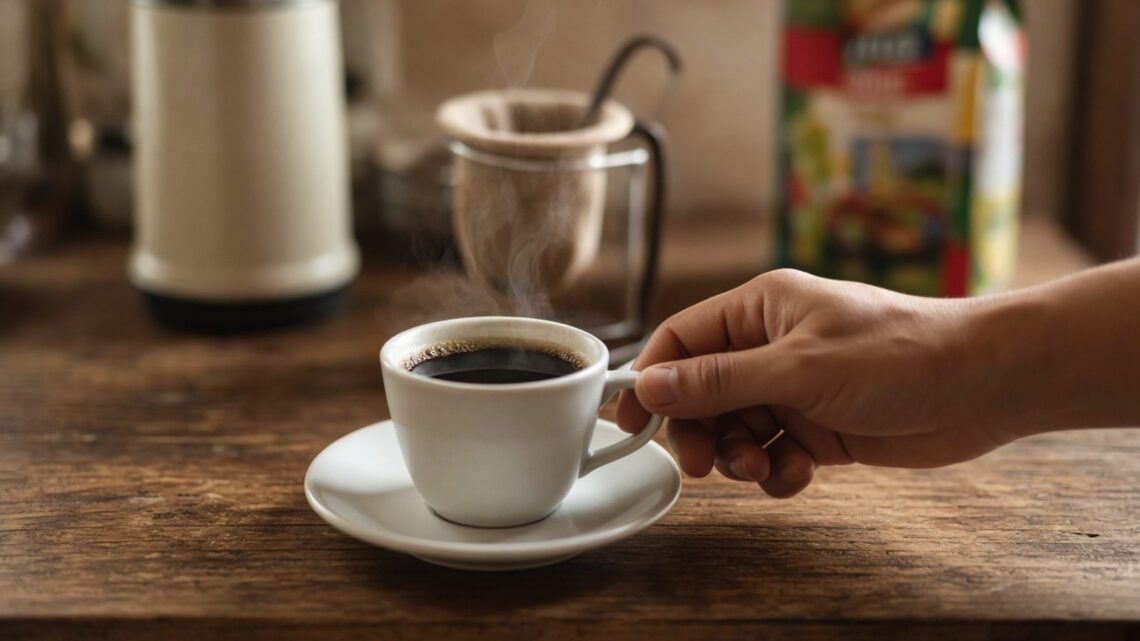 Xícara de cafezinho fumegante na mesa da cozinha, ao lado de garrafa térmica e coador de pano