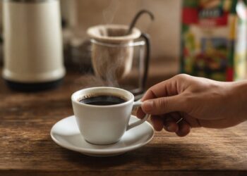 Xícara de cafezinho fumegante na mesa da cozinha, ao lado de garrafa térmica e coador de pano