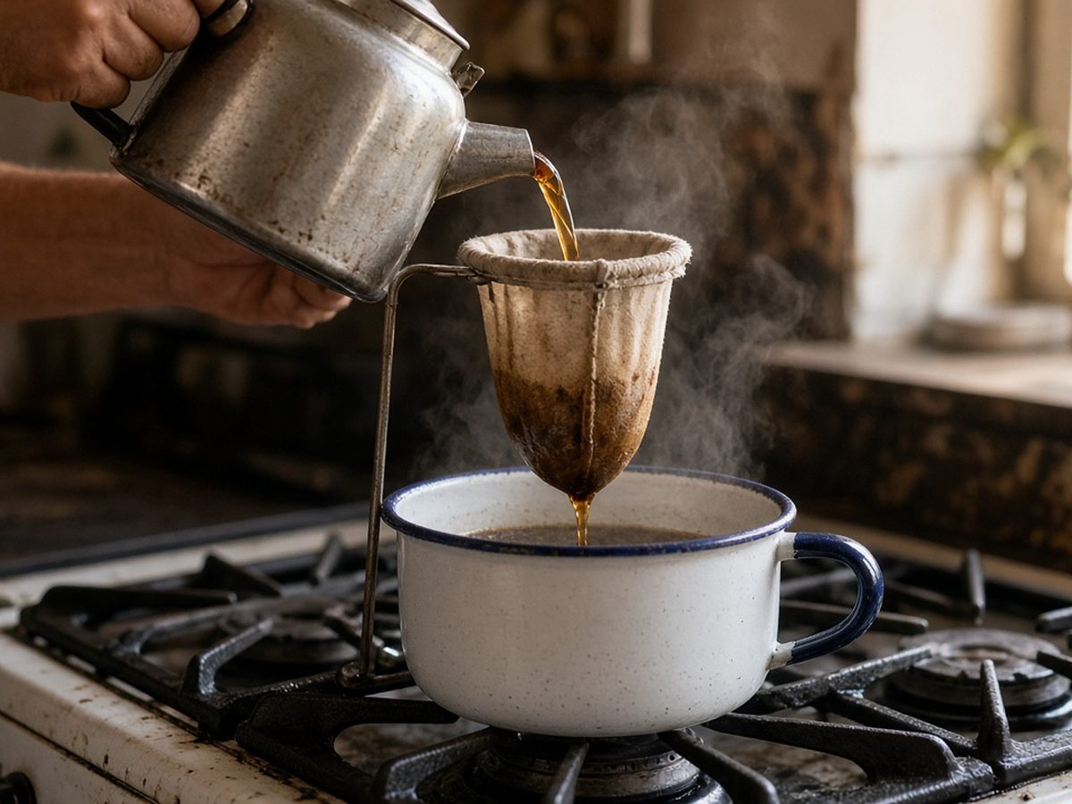 Café quente sendo passado no coador de pano para um bule esmaltado sobre o fogão