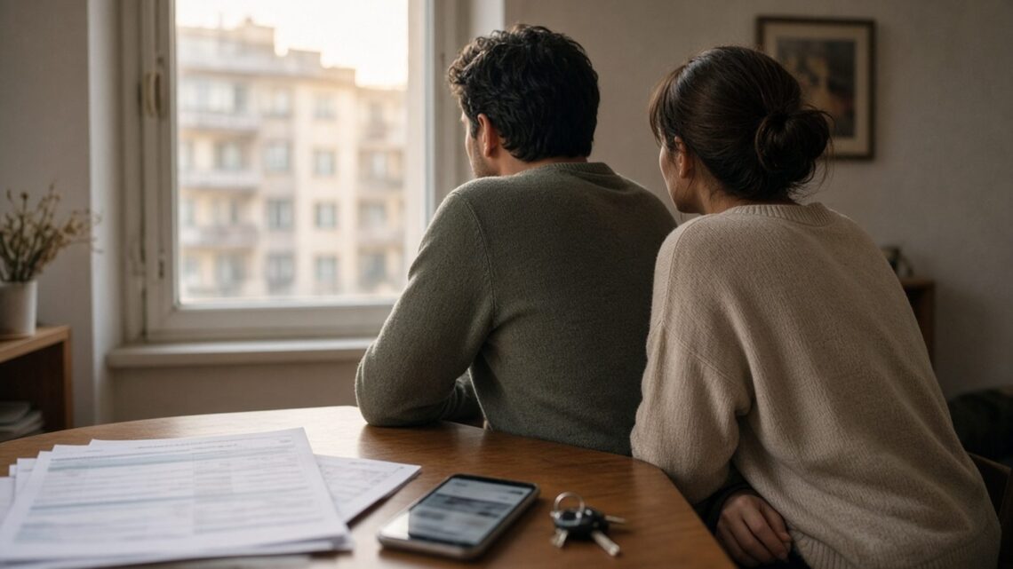 Casal de costas à mesa da cozinha com documentos, calculadora, celular e um molho de chaves