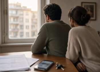 Casal de costas à mesa da cozinha com documentos, calculadora, celular e um molho de chaves