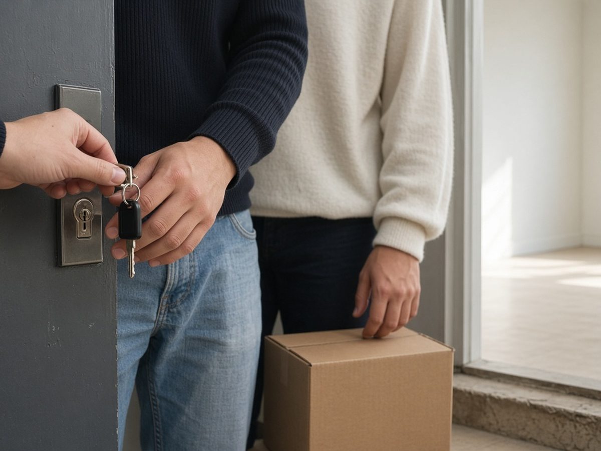 Mãos de um casal girando a chave na porta de um apartamento novo, com caixa de mudança ao lado