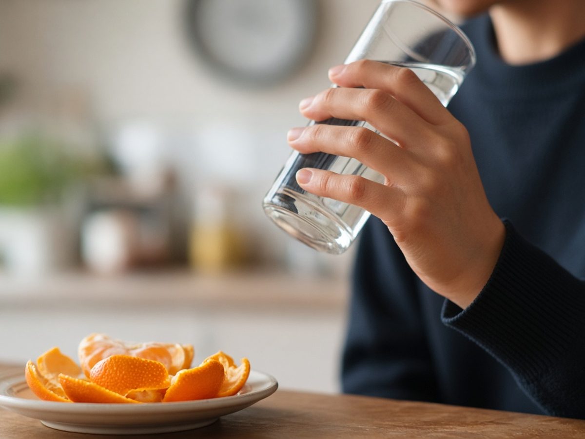 Pessoa bebendo água depois de comer laranja, com cascas no prato em primeiro plano
