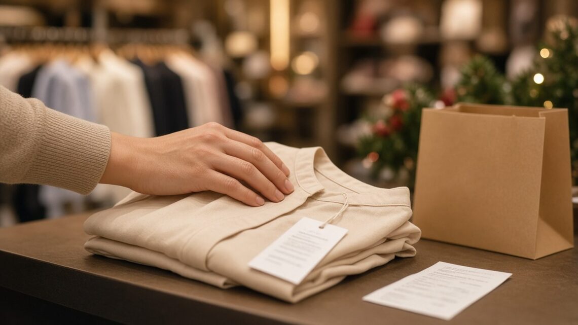 Blusa dobrada com etiqueta sobre o balcão de uma loja, com sacola de papel e cupom fiscal ao lado