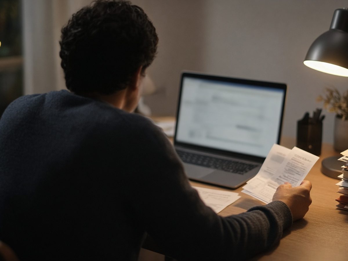 Pessoa de costas à mesa conferindo recibos impressos com a tela do notebook à luz do abajur