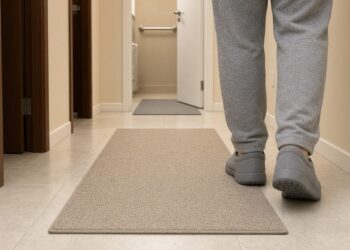 Corredor bem iluminado com tapete antiderrapante liso e pés de idoso de chinelo fechado caminhando com segurança