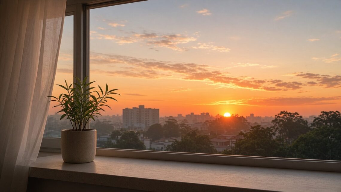 Céu laranja e vermelho no fim da tarde visto da janela, com prédios e árvores em silhueta