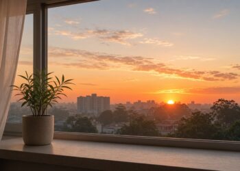 Céu laranja e vermelho no fim da tarde visto da janela, com prédios e árvores em silhueta