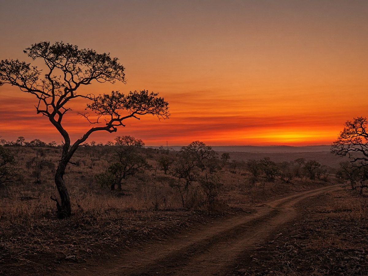 Pôr do sol alaranjado e enevoado sobre o cerrado seco, com árvores retorcidas em silhueta