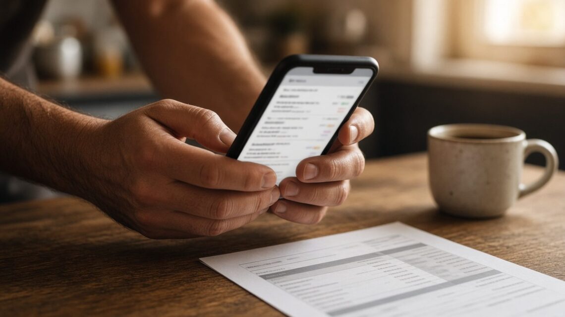 Mãos de um trabalhador segurando o celular com o extrato, ao lado de um contracheque e uma caneca