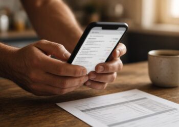 Mãos de um trabalhador segurando o celular com o extrato, ao lado de um contracheque e uma caneca