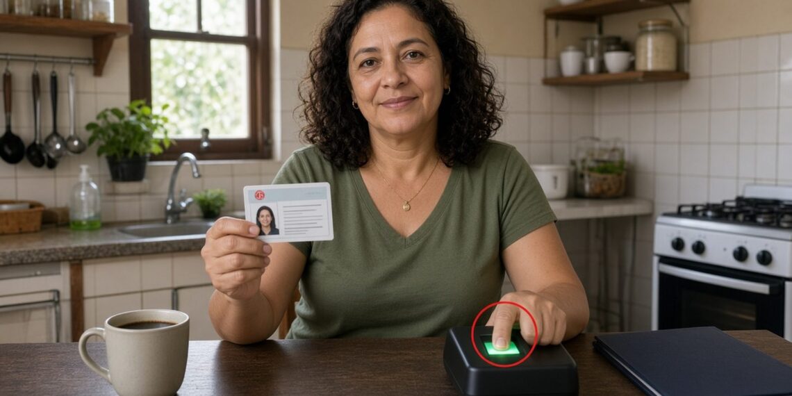 Mulher segura a nova carteira de identidade e encosta o polegar no leitor de digitais na mesa da cozinha